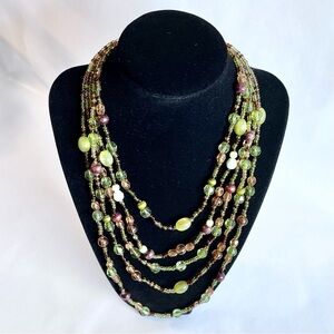 Gorgeous Multi Strand Bib Necklace Glass Beads Greens Browns 8 - 12 Inch Drop